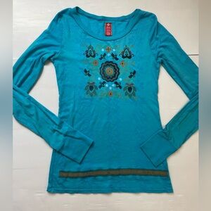 VTG Free People Blue Long Sleeve T-shirt Graphic Floral Print Y2K Size M